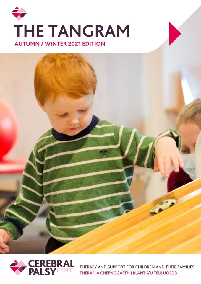 Screenshot of Tangram Newsletter, Autumn/ Winter 2021 edition. Photograph shows young boy putting a car on a ramp.